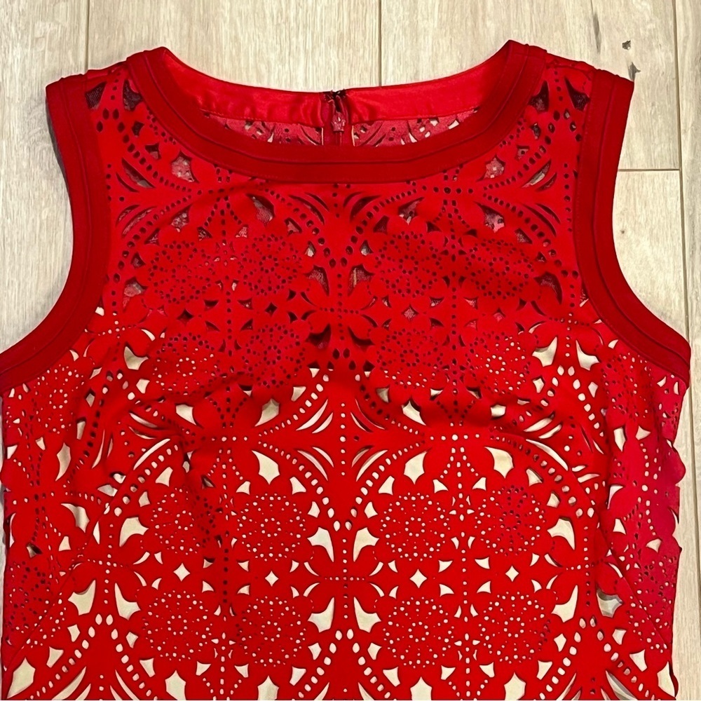Tadashi Shoji Red Laser Cut Suede Sheath Knee Length Dress Size medium - Picture 8 of 16